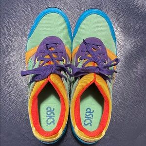 Asics Purple and Green Sneakers Vibrant Retro Style. Worn by men(8.5) or women.